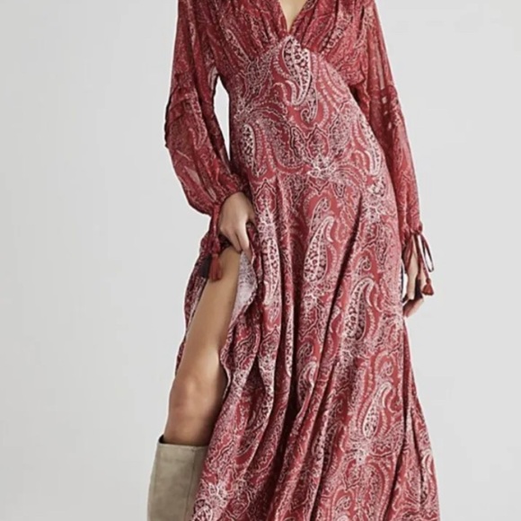 Free People Mirage Paisley Maxi Dress Red Mix Print Empire Waist Back Tie - Picture 3 of 8